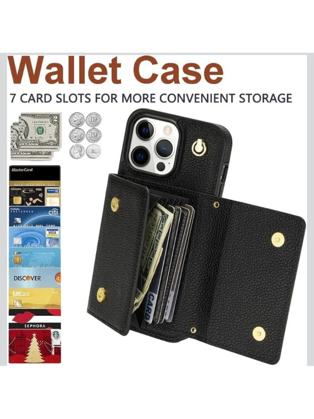 iPhone‎ 15 Pro Max Crossbody PU Leather Wallet Phone Case w Removable Strap